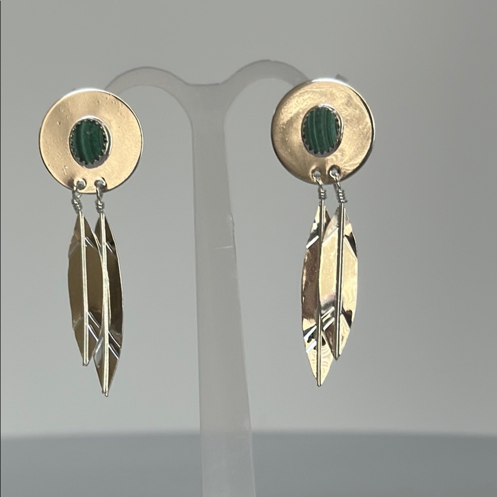 Elegant 925 real malachite stone silver Leaf Drop Earrings